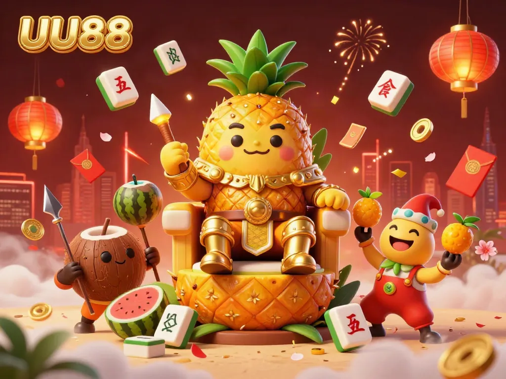 UU88 pineapple king revels in a vibrant casino scene filled with golden treasures and festive decorations.
