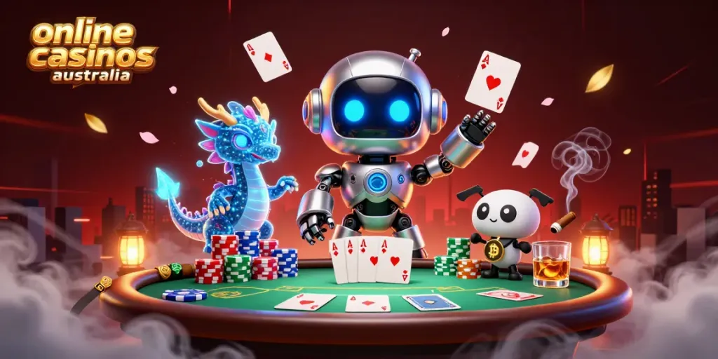 Experience online casinos Australia with a vibrant scene featuring gaming elements and a futuristic robot mascot.