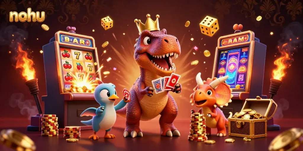 Engage with nohu's exciting casino scene featuring a playful T-Rex and vibrant game elements.