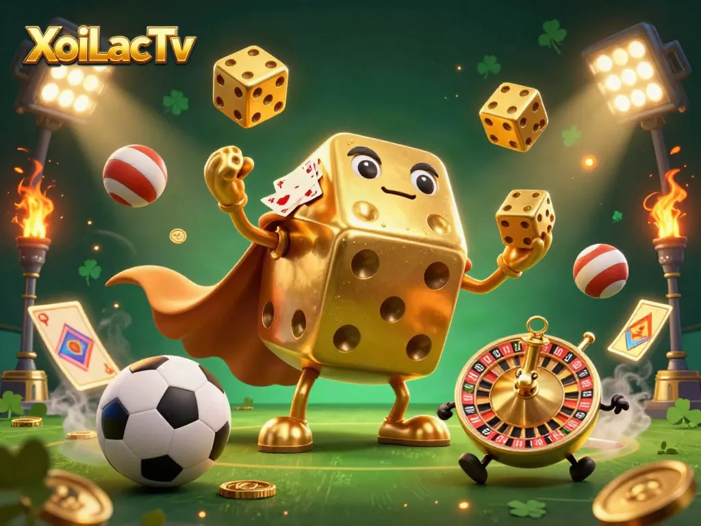 XoiLacTv showcases an epic scene of gold dice beings and sports elements, illustrating dynamic betting excitement.