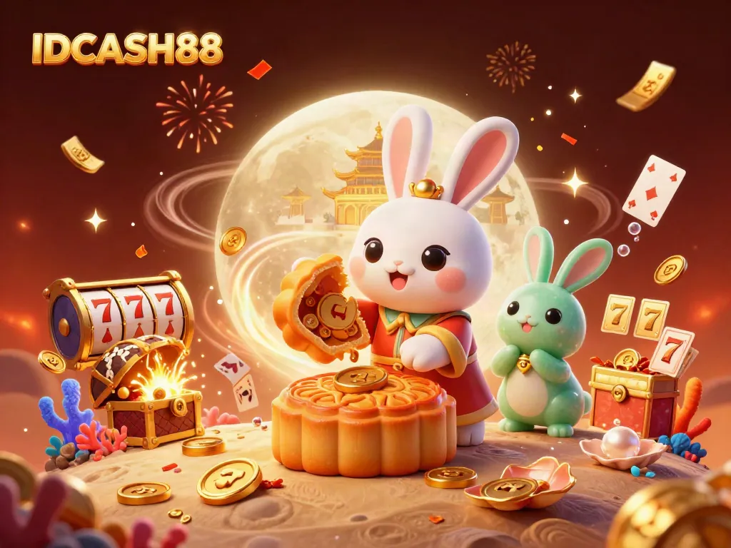 Experience vibrant slots action with IDCASH88 showcasing a 3D moon rabbit surrounded by rich gaming elements.