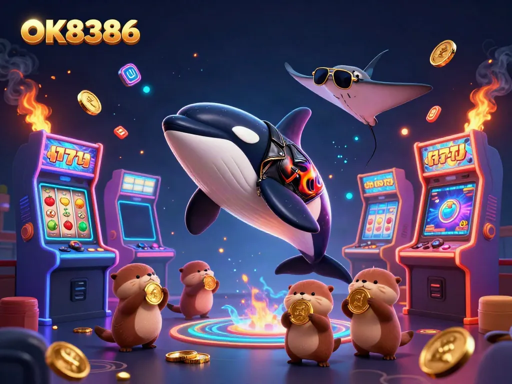 Experience the excitement of OK8386 with a dynamic 3D scene of gaming fun featuring sea creatures and glowing casino elements.