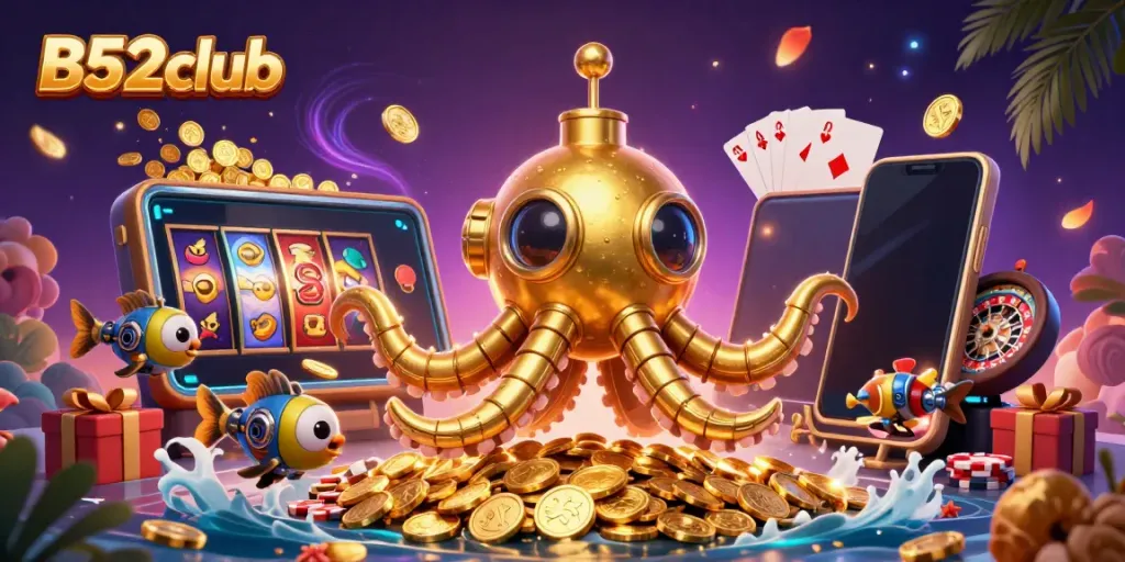Experience thrilling gaming action with B52club's dynamic 3D illustration showcasing a kraken marine scene.