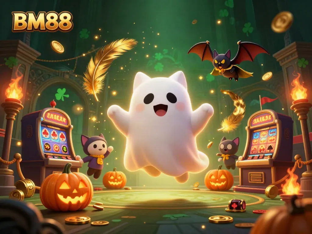 Experience the thrill of BM88 with a ghost cat and bat in a vibrant haunted casino mansion.