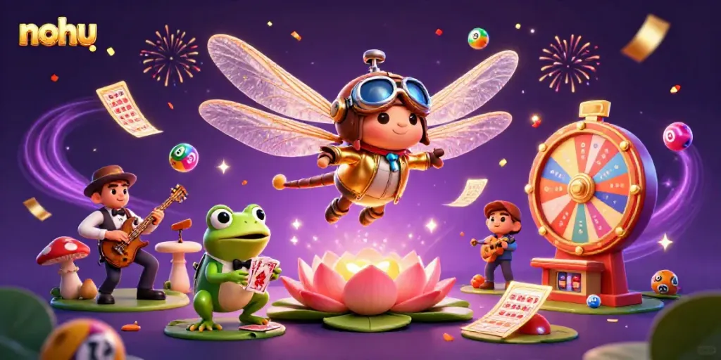 Nohu-themed dynamic casino scene featuring a dragonfly pilot, frog croupier, and cricket musicians in vibrant atmosphere.