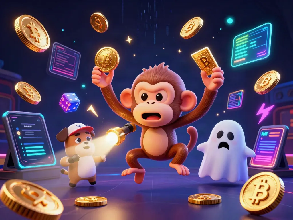 Engaging SUNWIN casino illustration with a mischievous monkey and ghost-hunter puppy amidst colorful 3D coins.