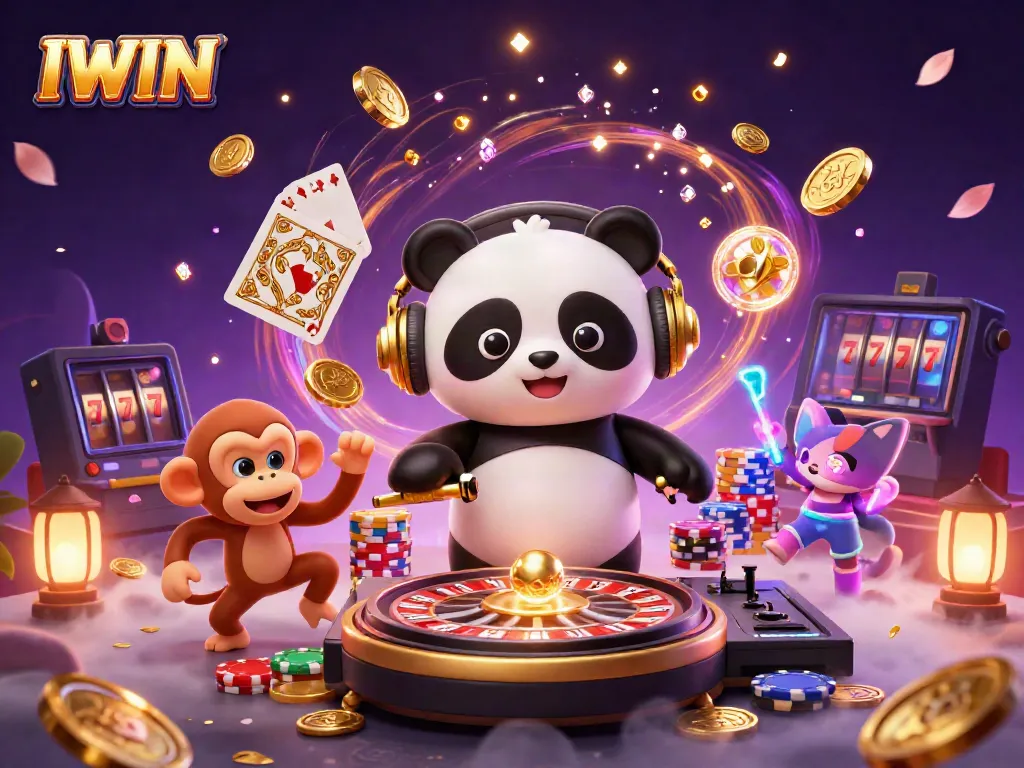 IWIN casino's vibrant scene featuring a DJ panda and breakdancing monkey amidst glowing gems and spinning roulette wheels.