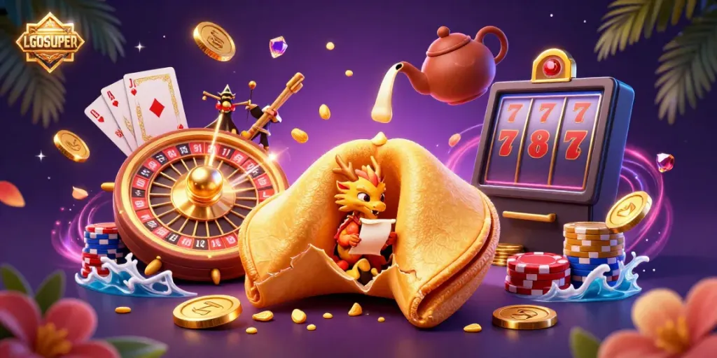 Experience the thrill at LGOSUPER with this vibrant 3D casino scene showcasing a wise dragon, golden coins, and a roulette wheel.
