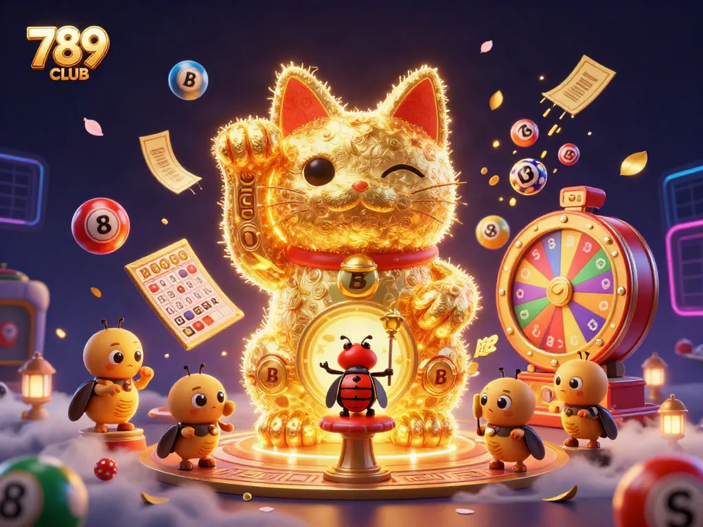 Experience the excitement of 789CLUB with a vibrant 3D lucky cat scene filled with casino symbols.