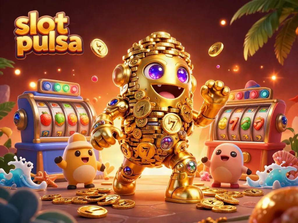 Gambaran 3D slot pulsa dengan golem emas yang dikelilingi elemen permainan slot, memikat perhatian dengan visual yang kaya.