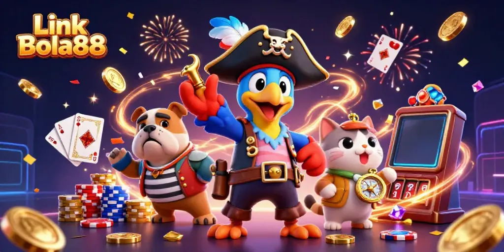 Experience thrilling gameplay with Link Bola88 as a pirate crew celebrates casino winnings amidst vibrant elements.