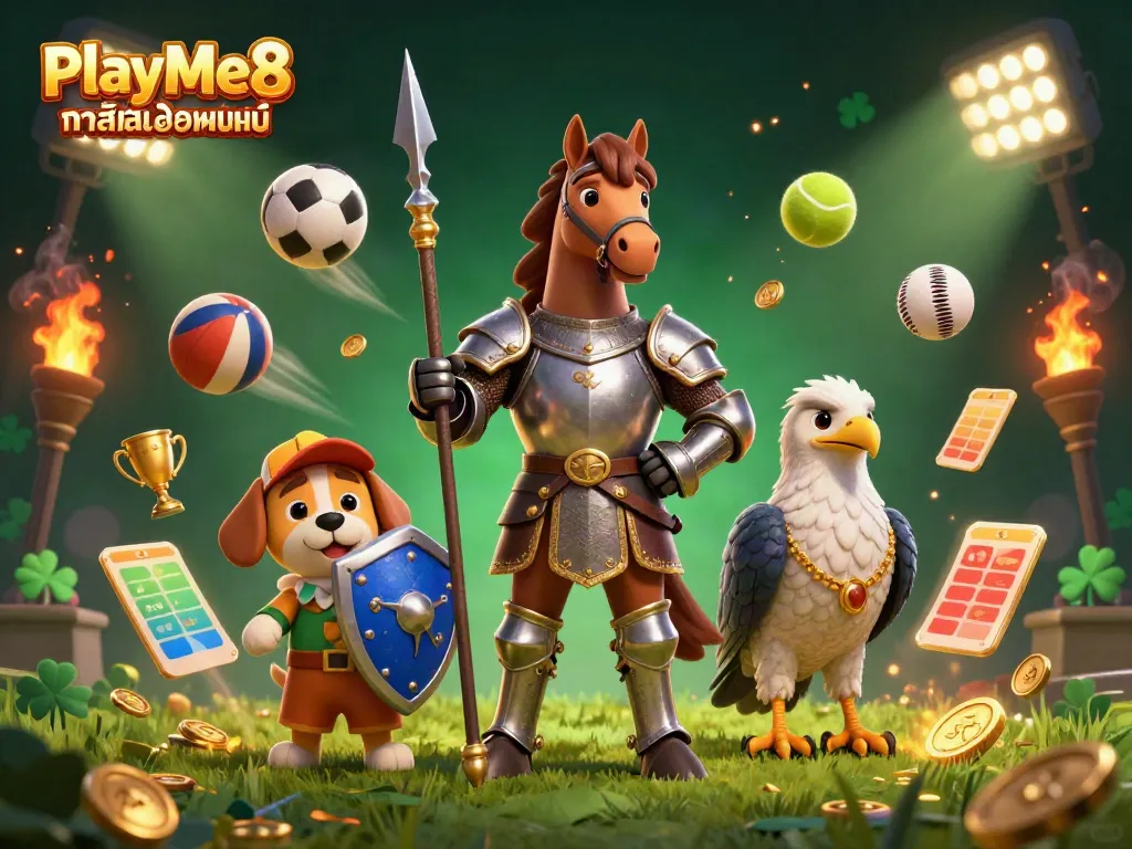 เดิมพันใน PlayMe8 คาสิโนออนไลน์ กับภาพ 3D ของอัศวินและเพื่อน