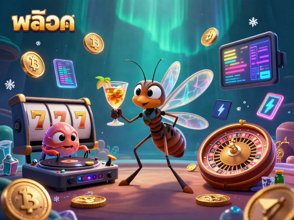 สล็อตแมชชีนในงานปาร์ตี้คาสิโน featuring a frozen mosquito mascot and DJ.