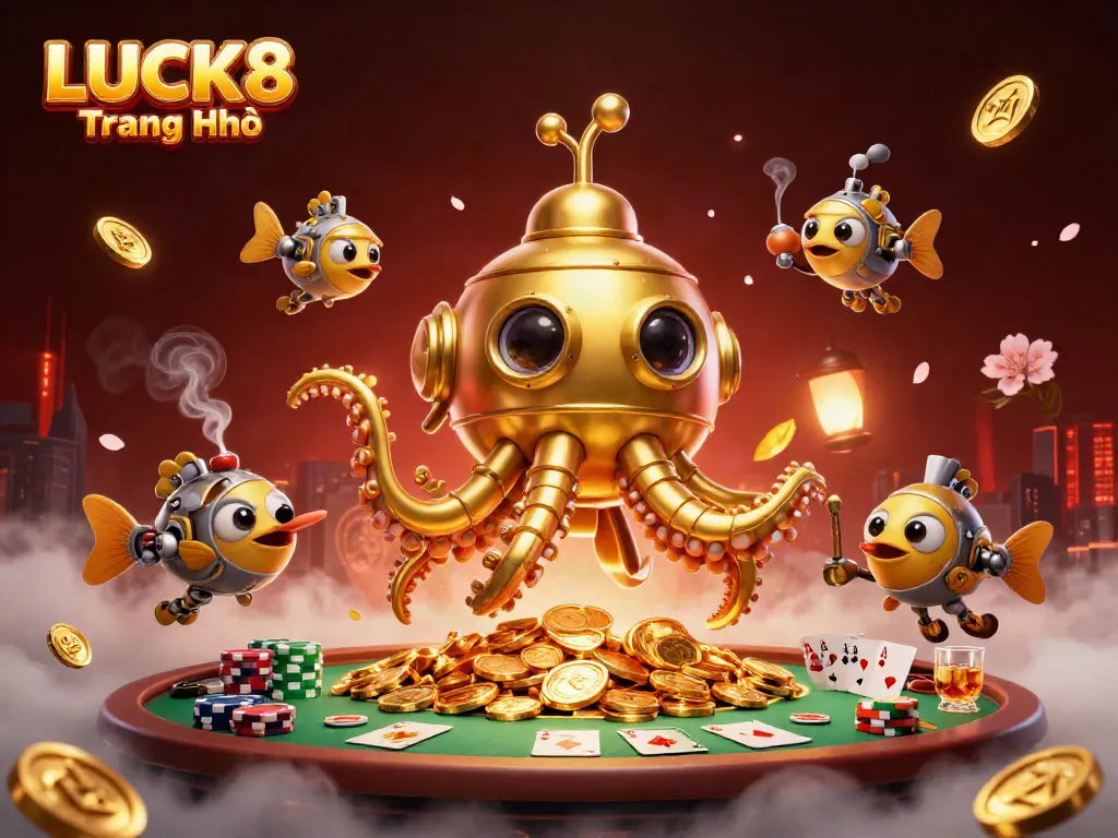 Engage with LUCK8 Trang Chủ's dynamic casino scene featuring a golden kraken submarine amidst poker elements and rich colors.