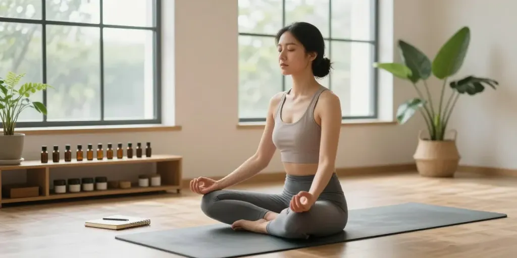 Empowered woman practicing meditation with a sex coach for women in serene studio.