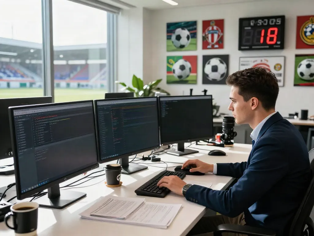 ข่าวซื้อขายนักเตะ being reported by a journalist at a vibrant football newsroom.
