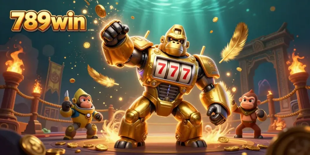 Experience the dynamic action in 789win with a golden gorilla mech amid casino-themed elements.