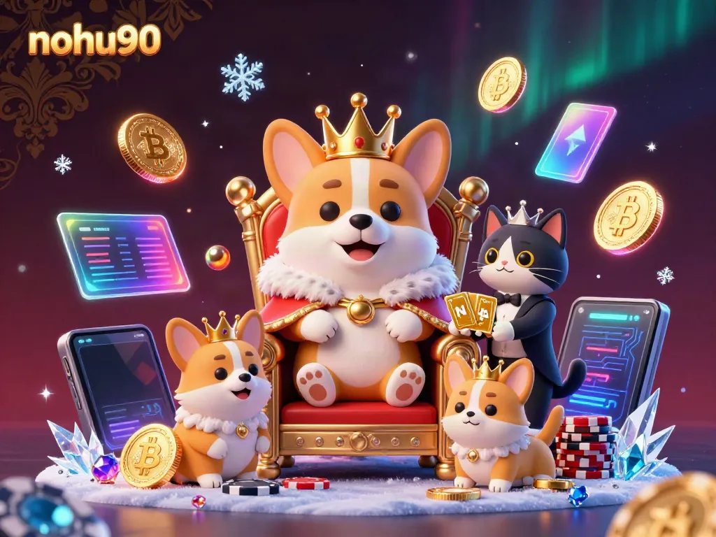Engage with nohu90's royal gaming experience featuring vibrant 3D illustrations of a corgi on a poker chip throne.