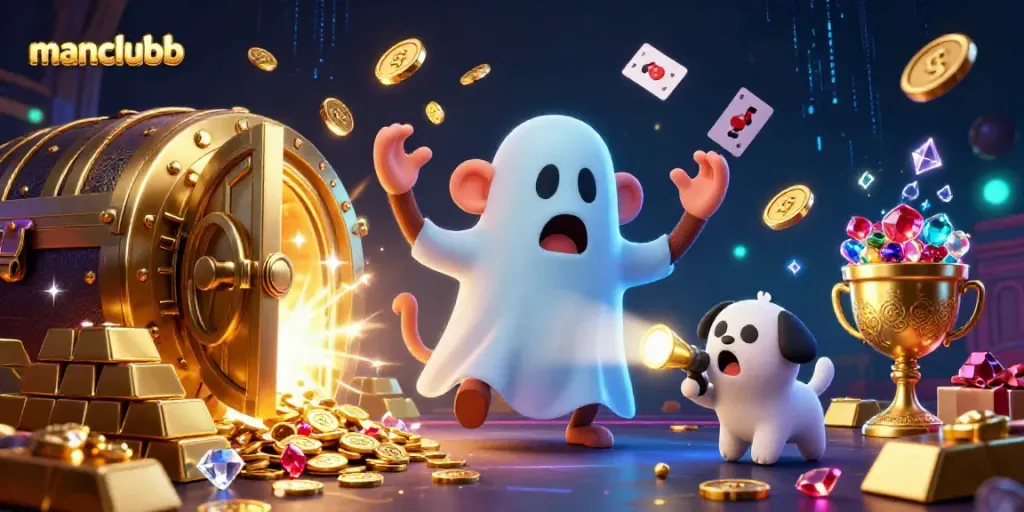 Experience the thrilling action of manclubb with a mischievous monkey juggling gold in a haunted casino