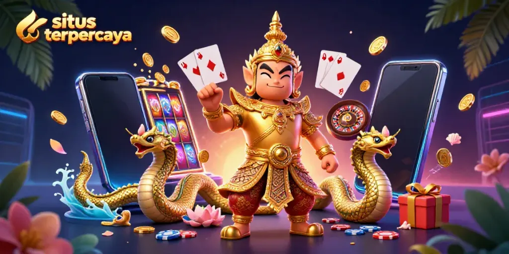 Permainan slot menarik di situs terpercaya dengan penjaga kuil dan naga di latar belakang.