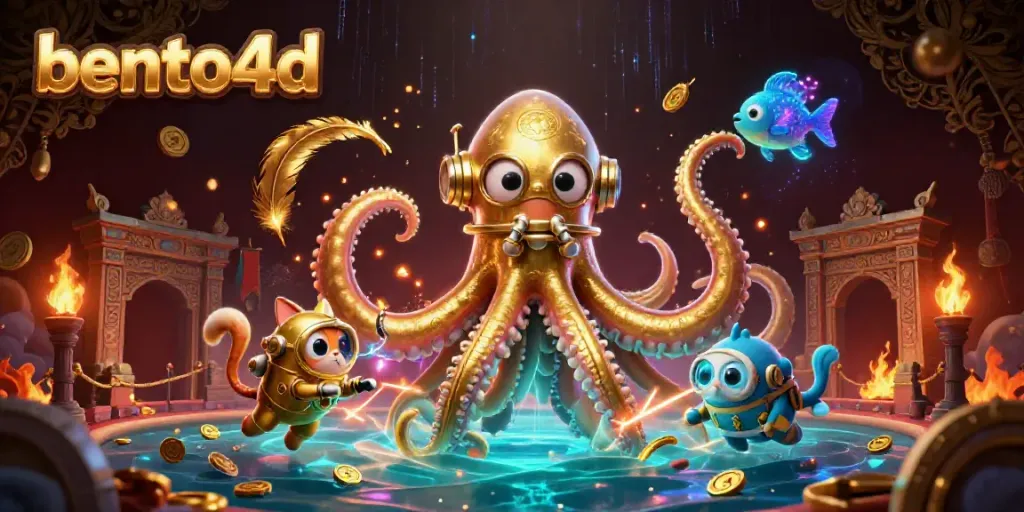Engage with the bento4d gaming adventure, as a kraken and diving cat explore treasures in a vibrant casino world.
