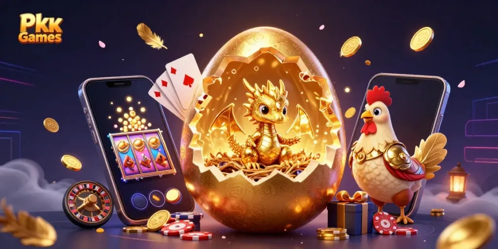 Pkv Games illustration showcasing a golden baby dragon guarding poker chips with vibrant casino elements.