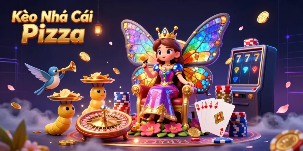 Kèo Nhà Cái Pizza visually represents an enchanting casino scene with detailed characters and vibrant gaming elements.