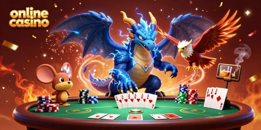 Engage with the thrilling atmosphere of an online casino featuring vibrant cartoon characters, poker tables, and festive decorations.