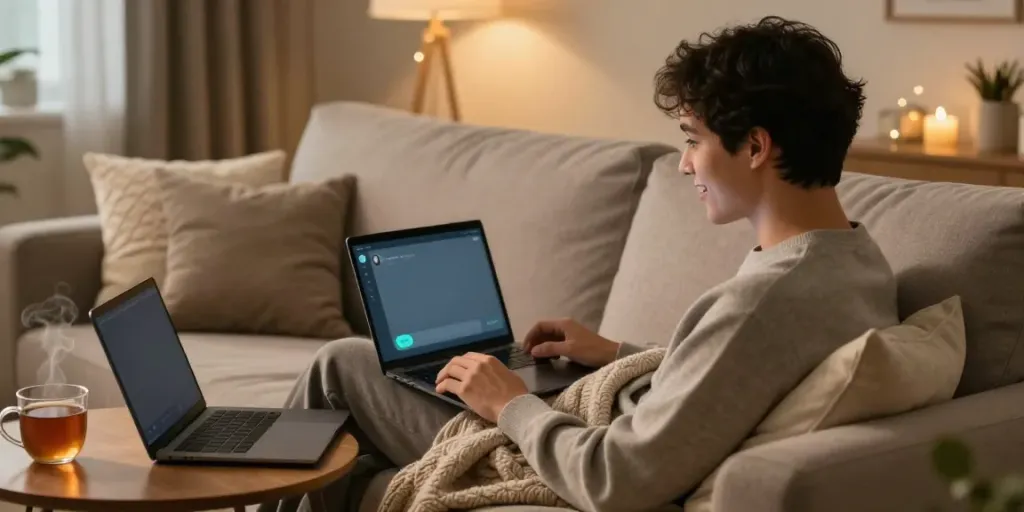 Free AI sex chat on a smartphone in a cozy, intimate room setting.