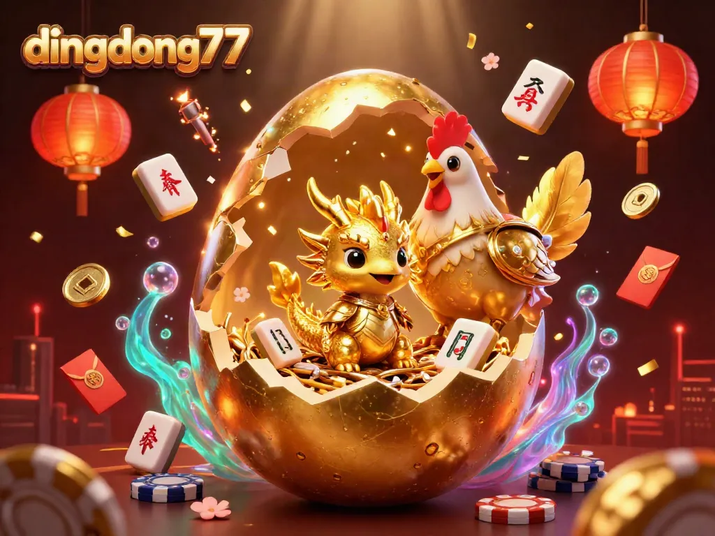 Experience the excitement of dingdong77 with a golden dragon amidst vibrant casino elements.
