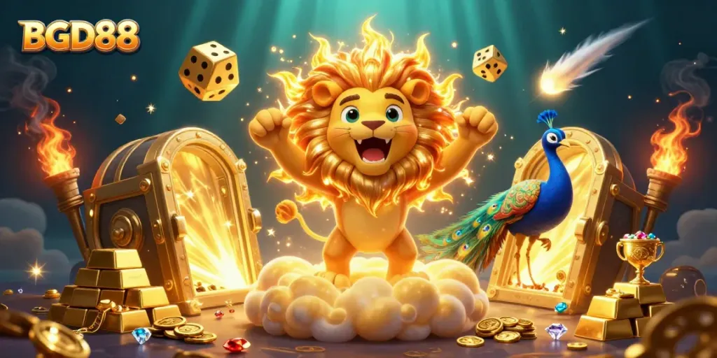 Experience thrilling gaming with BGD88, featuring a majestic lion, golden dice, and dazzling treasures.