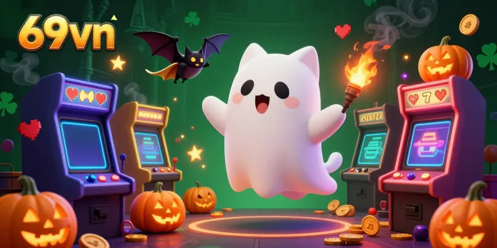 Experience exciting casino gaming with 69vn's ghost cat and magical elements in a vibrant digital illustration.
