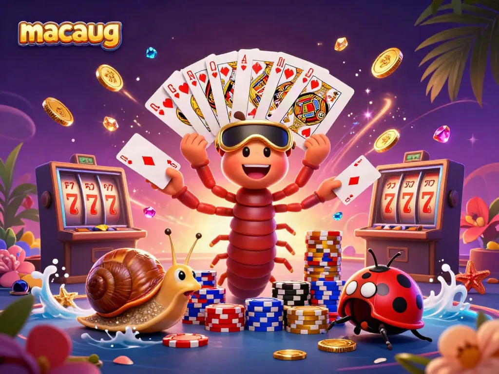 Experience the vibrant excitement of gaming with macaugg's casino characters amidst dazzling gold and card action.