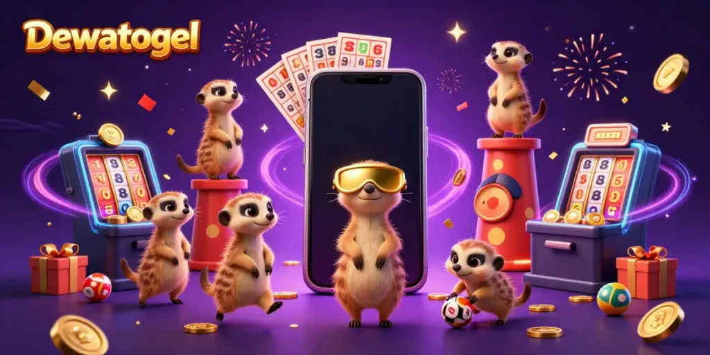 Dewatogel meerkats joyfully managing a colorful lottery operation with vibrant game action.
