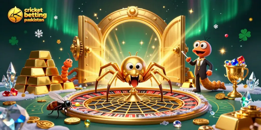 Engage in cricket betting app pakistan action with a fly nervously placing bets while a croupier spider spins a roulette wheel web.