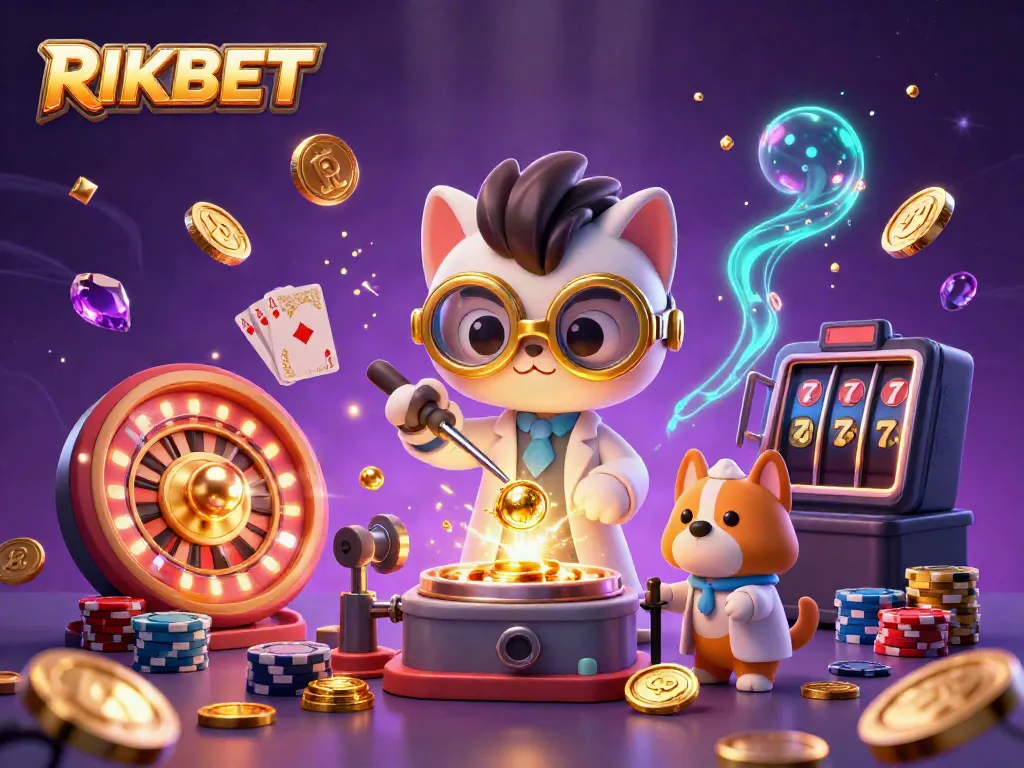 Experience the excitement of RIKBET with a vibrant 3D illustration showcasing incredible casino elements and fun characters.