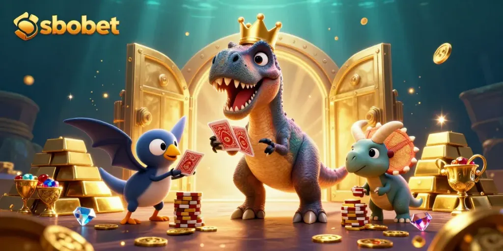 Experience sbobet betting with a playful T-Rex and friends in a vibrant casino world.