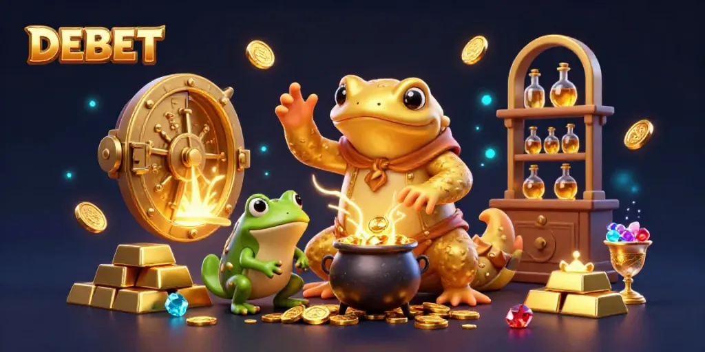 Experience the magic of DEBET with vibrant gold coins and mystical characters in a casino-themed illustration.