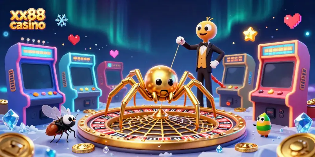 Experience the thrill of xx88 casino with a golden spider spinning a roulette wheel in this vibrant 3D illustration.