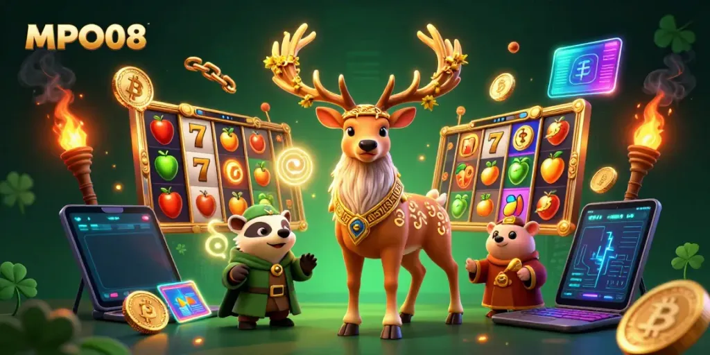 Engage in thrilling gameplay with MPO08 at this vibrant casino illustration.