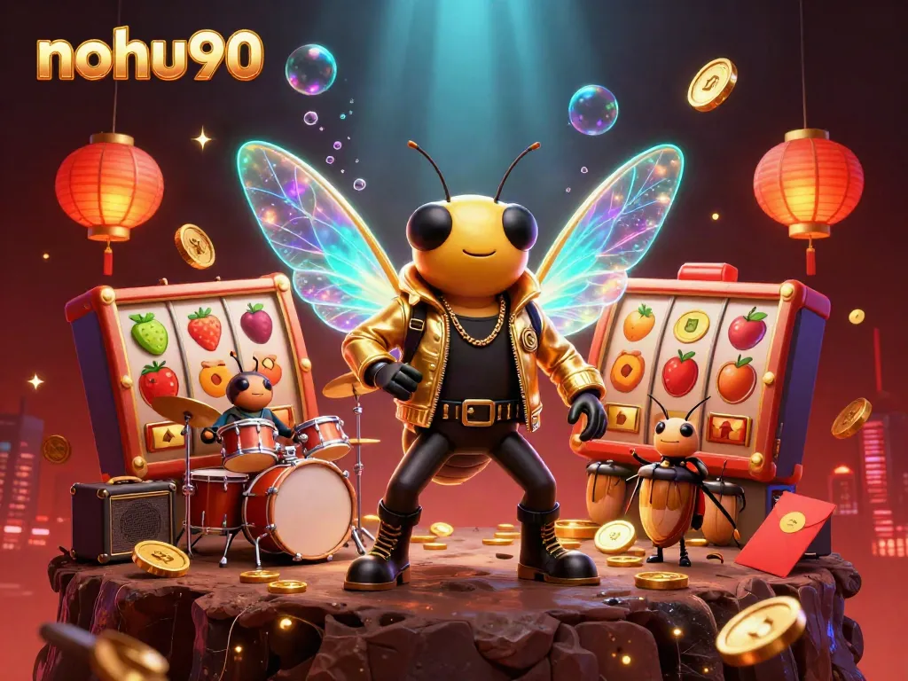 Experience the thrill of nohu90 with an energetic 3D casino rock scene featuring vibrant slot reels and gold elements.