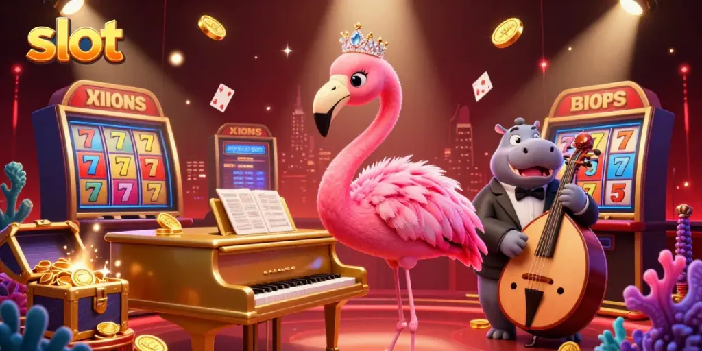 Spin the vivid slot machine scene with charming characters and vibrant casino elements in an engaging 3D illustration.