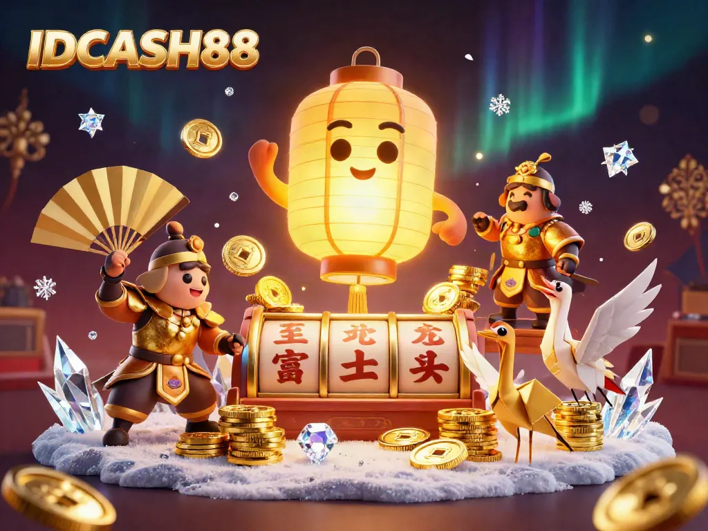 Experience winning at IDCASH88 with vibrant casino elements and golden treasures surrounding playful characters.