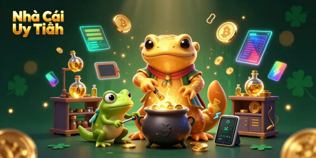 Engage with Nhà Cái Uy Tín through a magical 3D scene featuring a golden salamander alchemist creating gold coins.