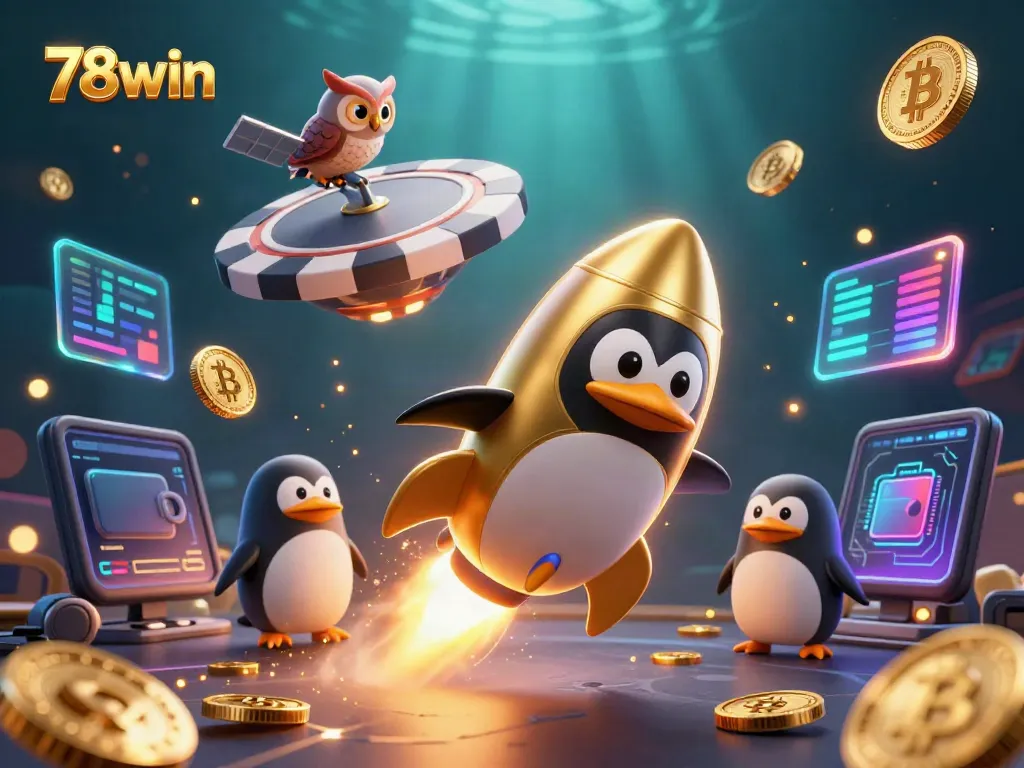 Experience the thrill of 78win with a vibrant 3D casino scene featuring animated characters and crypto elements.