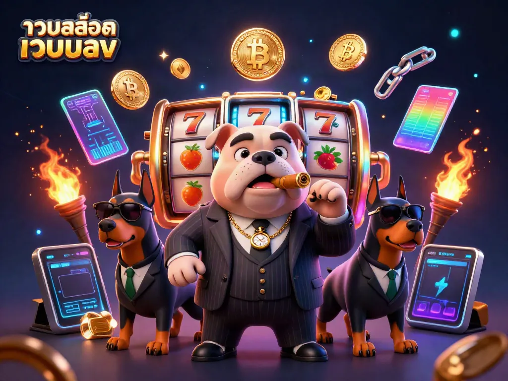 Engage with รวมสล็อตเว็บตรง showing a 3D cartoon mafia boss bulldog with Doberman bodyguards in a dynamic casino scene.