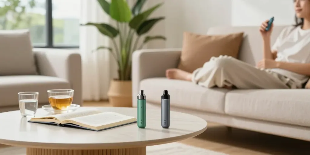 sg vape delivery and natural wellness scene featuring a person using a CBD vape pen in a bright living room.
