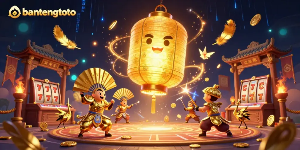Experience the exciting world of bantengtoto with a dynamic illustration of golden lanterns and casino games.