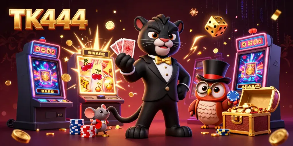 TK444 casino illustration featuring a panther dealer, owl with chips, and lucky mouse among vibrant game elements.