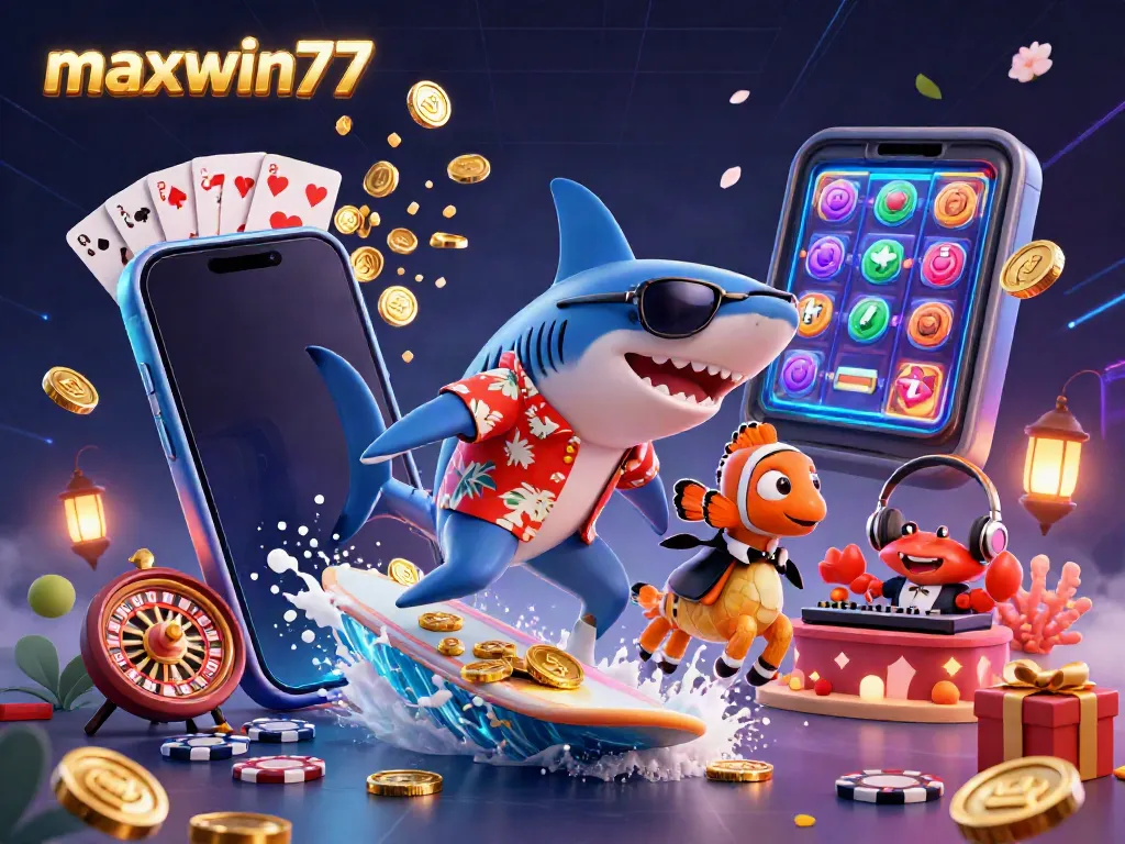 Experience the thrill of maxwin77 with a vibrant 3D casino scene featuring a shark, clownfish, and crab DJ.